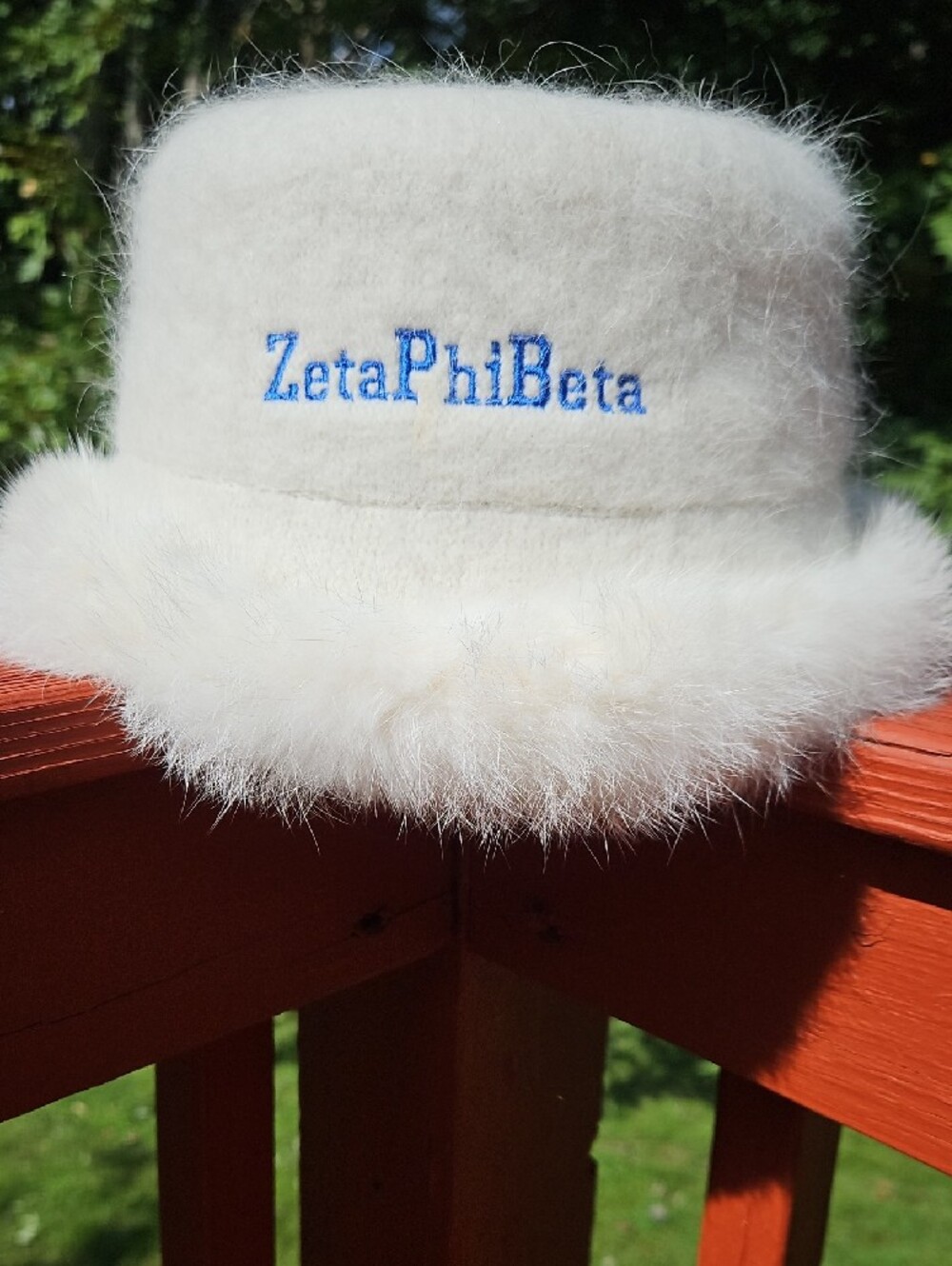 New Ivory White Cream Angora Wool Fur Bucket Hat with ZetaPhiBeta Embroidery